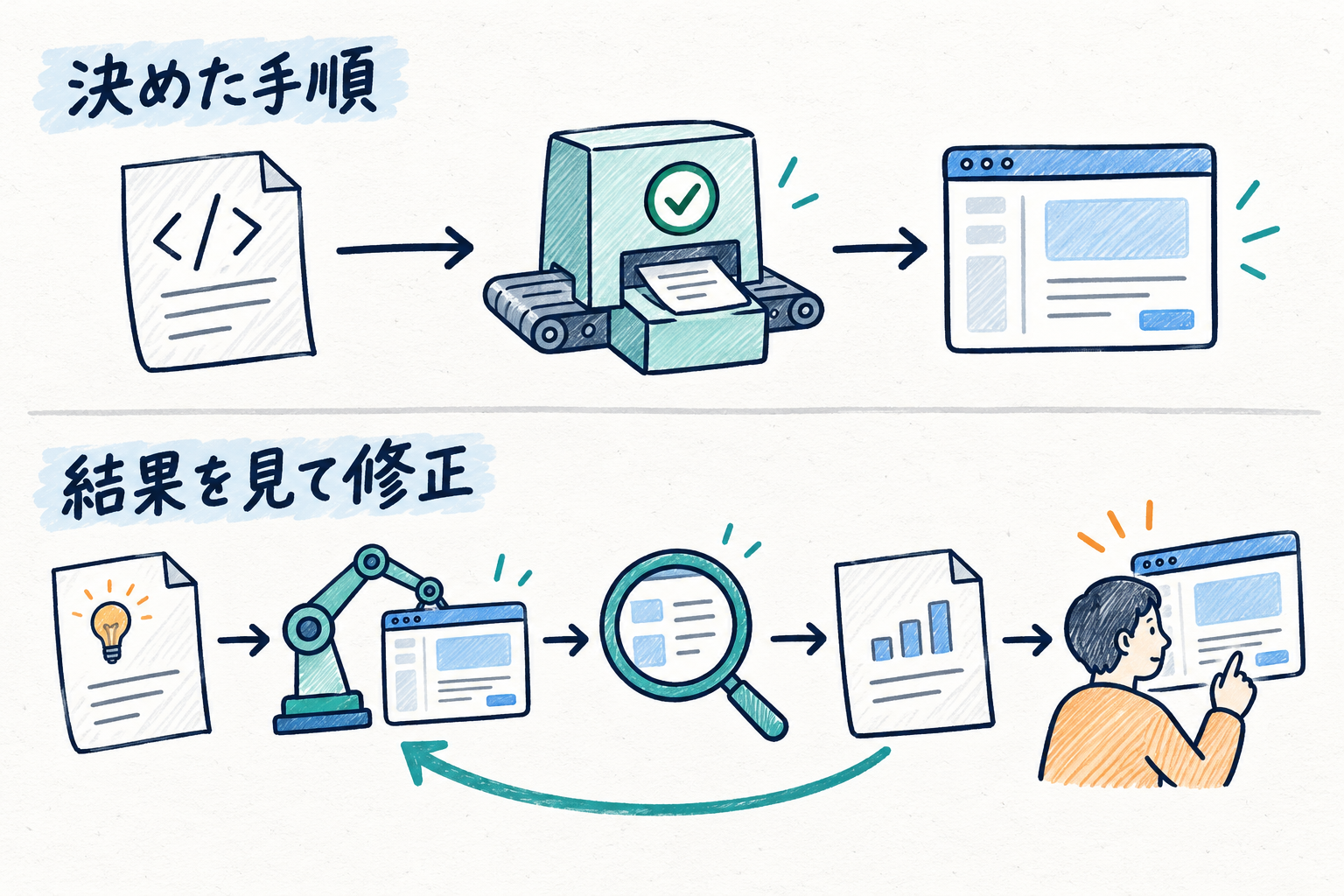決められた処理を進める従来の自動化と、結果を見て修正するAIの工程の違い。