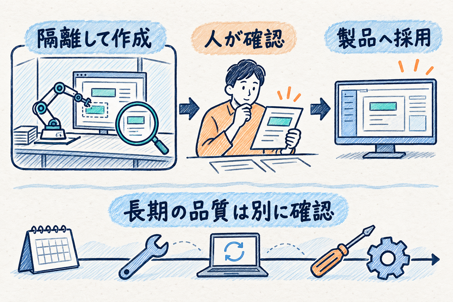 隔離環境で作成した変更を人が確認して採用する工程と、長期の品質確認は別の対象。