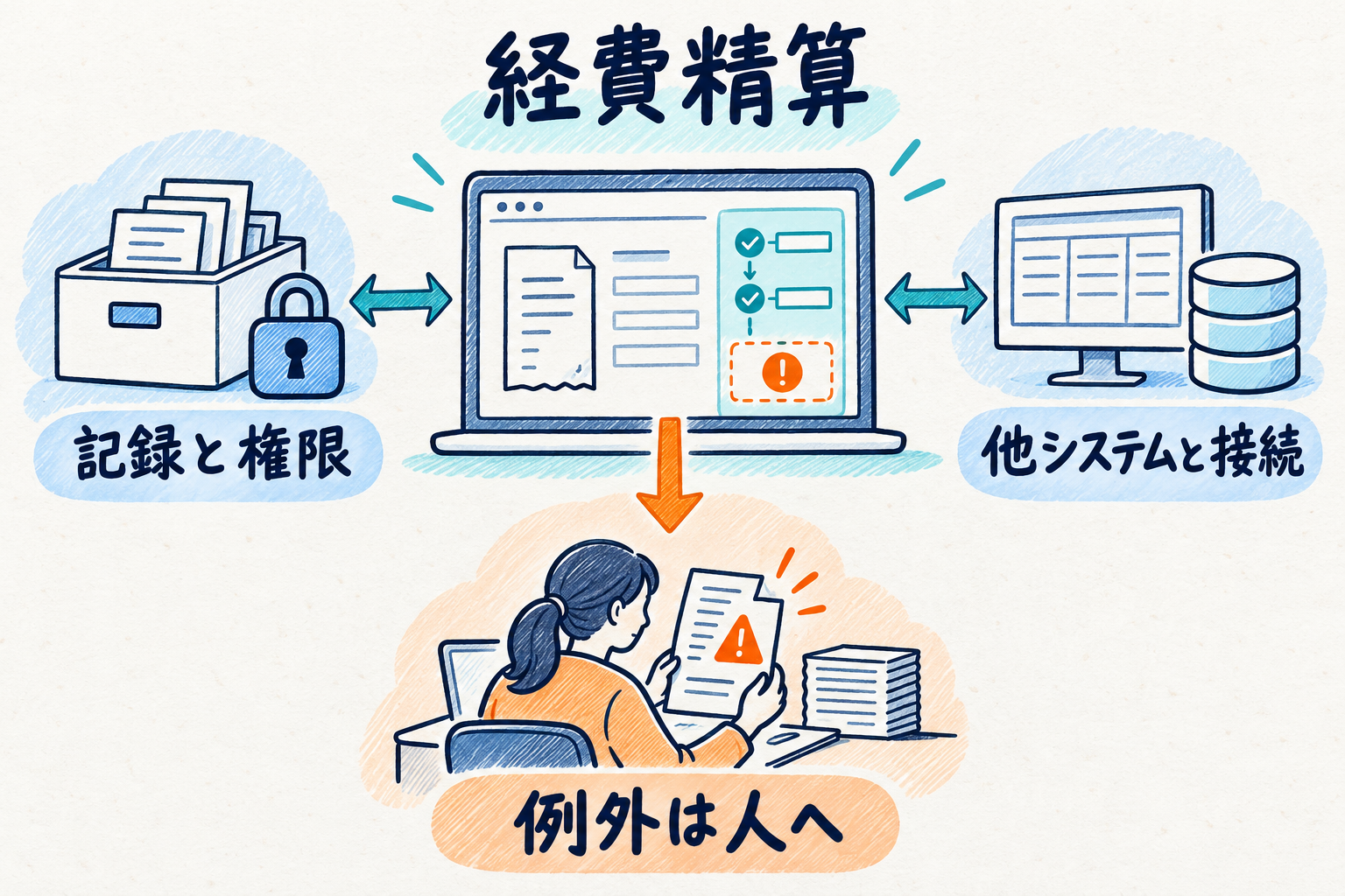 経費精算の架空例。記録・権限・接続に加え、例外を経理担当へ引き渡す仕組みを考える。