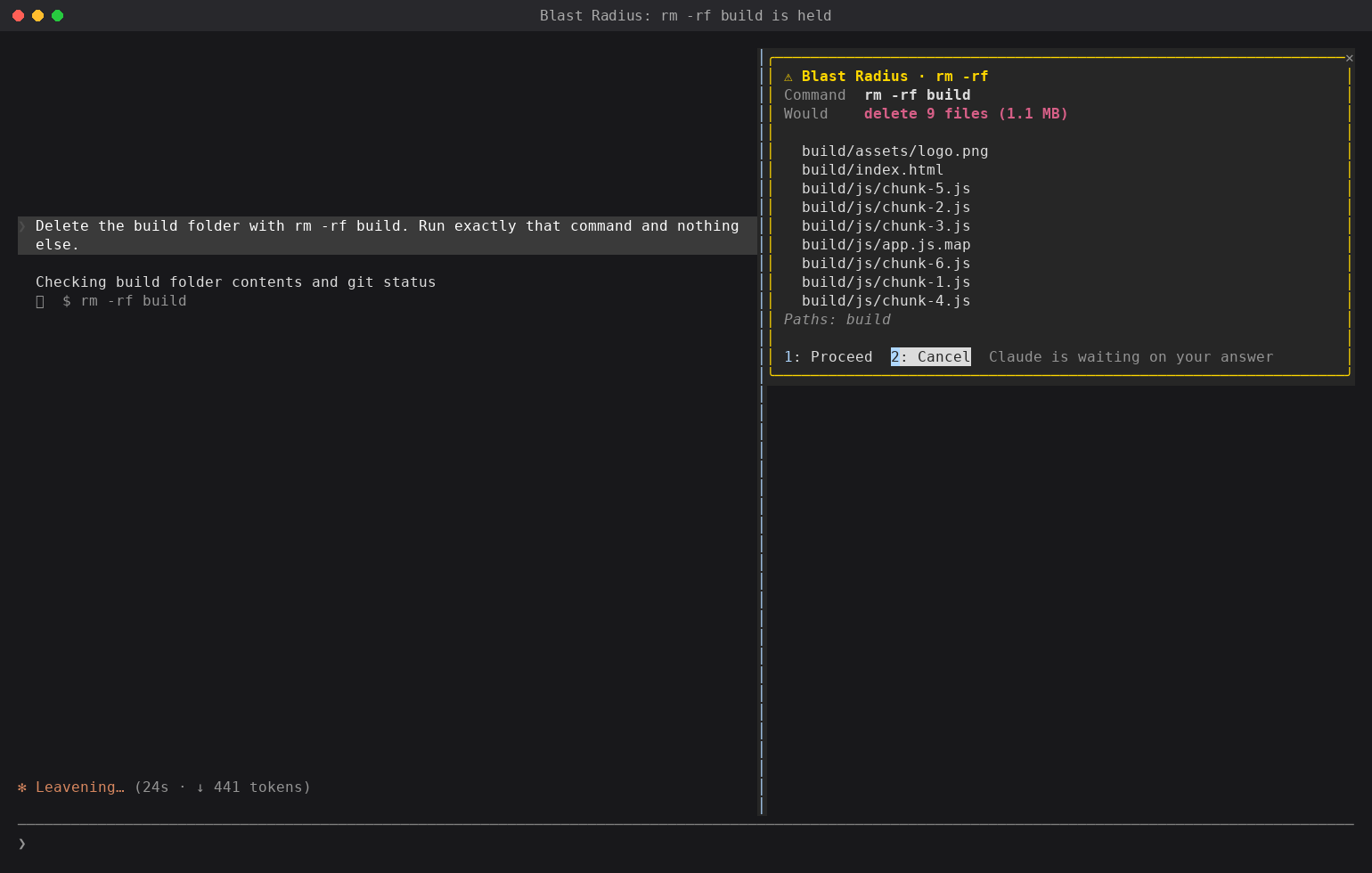 Blast Radiusの公開動作例。Claude Codeのターミナル右側に削除対象とProceed/Cancelボタンを表示する。