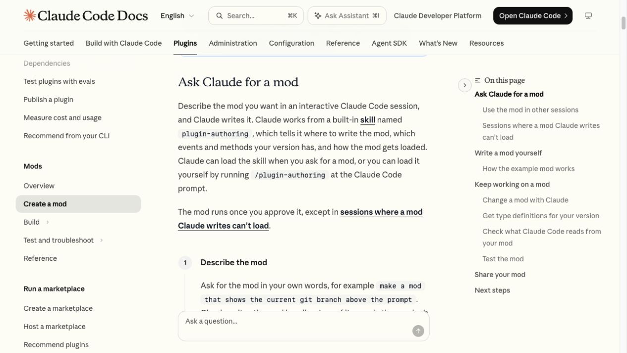 Claude Code公式ドキュメントのAsk Claude to write a Modの画面