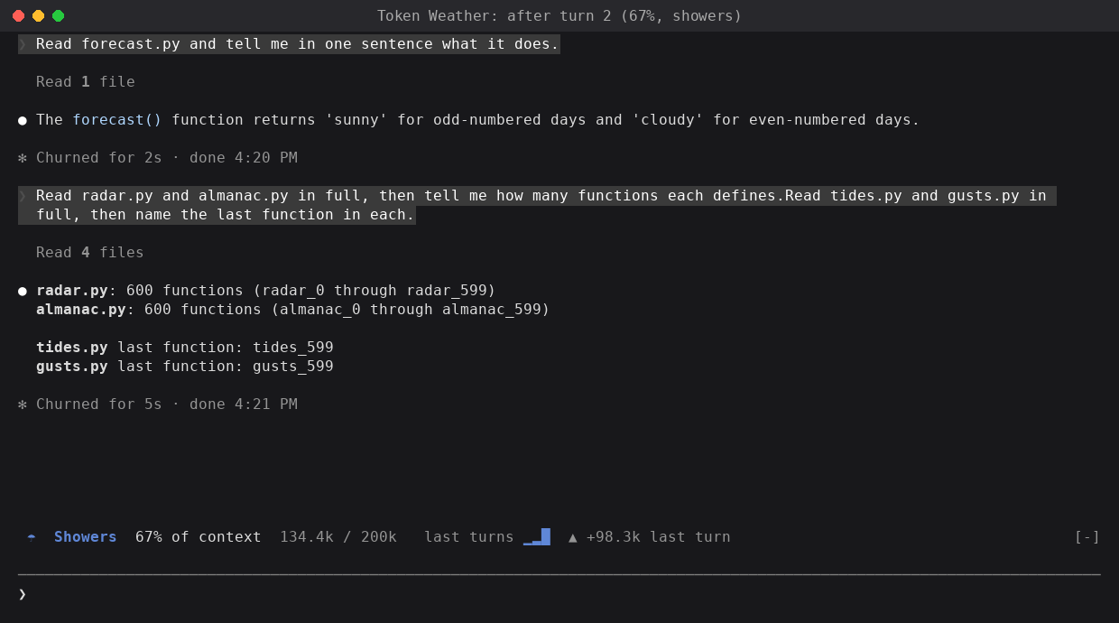 Token Weatherの公開動作例。ターミナルの入力欄上にコンテキスト使用率67%と直近ターンの推移を表示する。