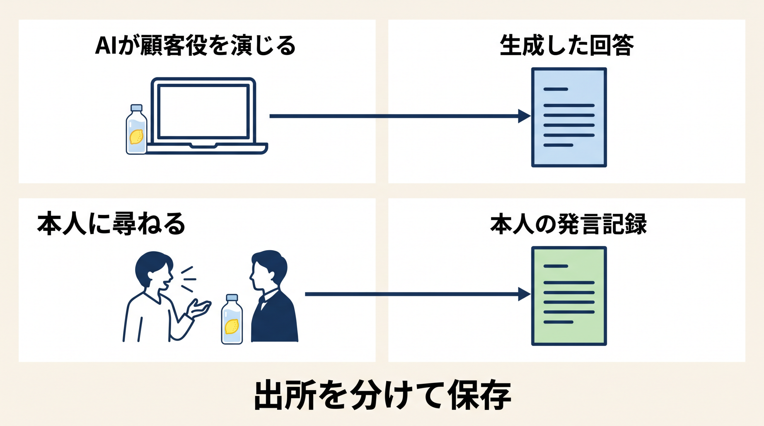 AIの生成回答と本人の発言記録を二つの行で分ける図