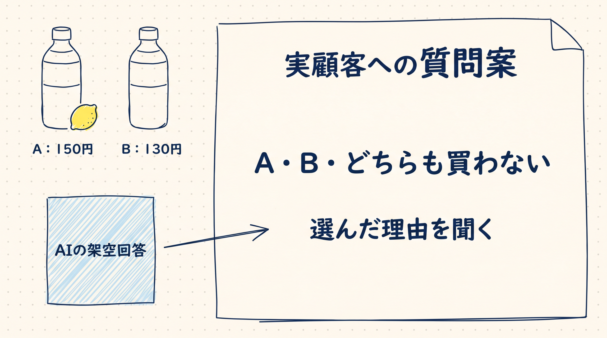 炭酸水A150円・B130円から非購入も含む顧客への質問案を作る図