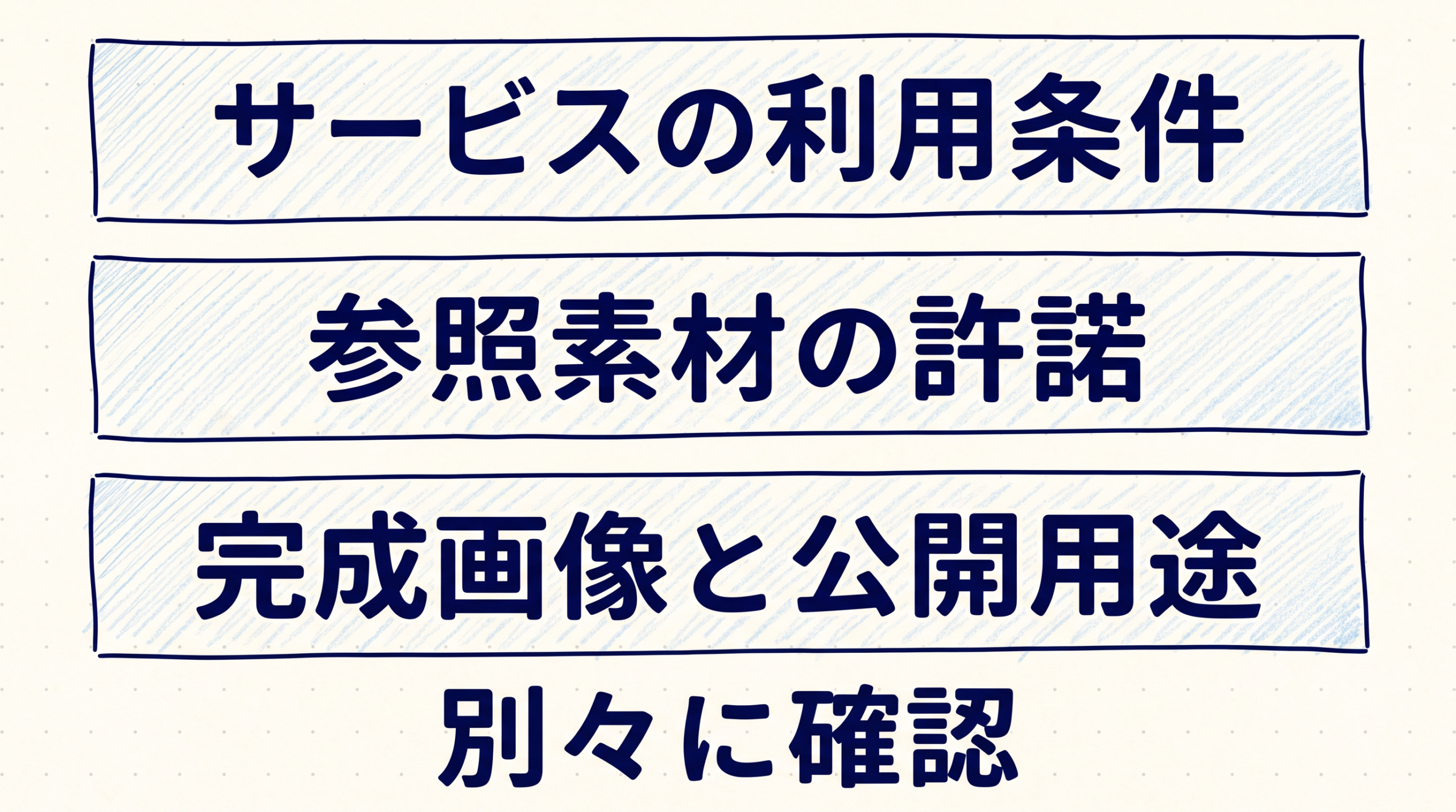 サービス条件、素材の許諾、完成画像と用途の3対象を独立して確認する図