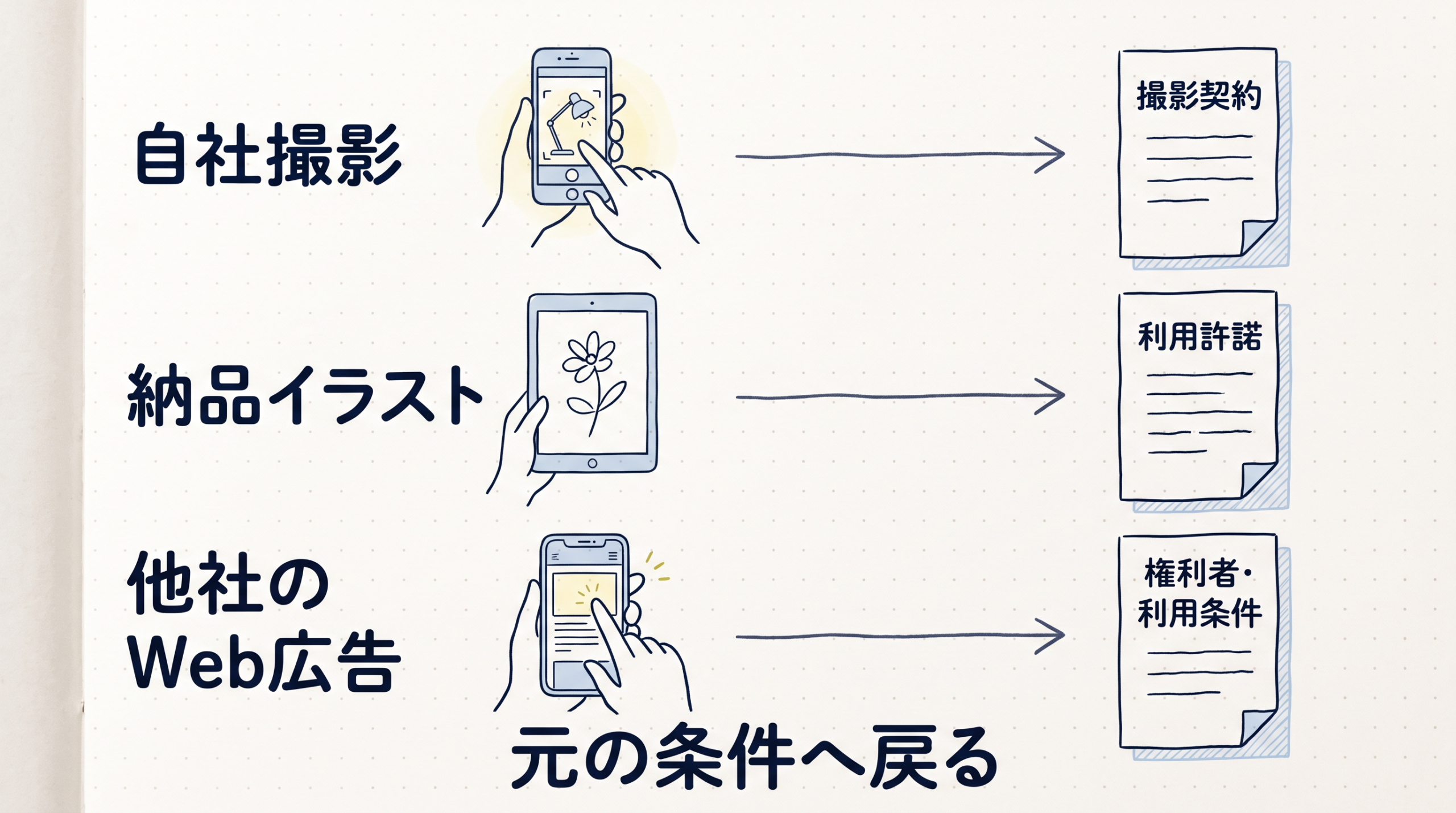 自社撮影、納品イラスト、他社Web広告から元の利用条件へ戻る図