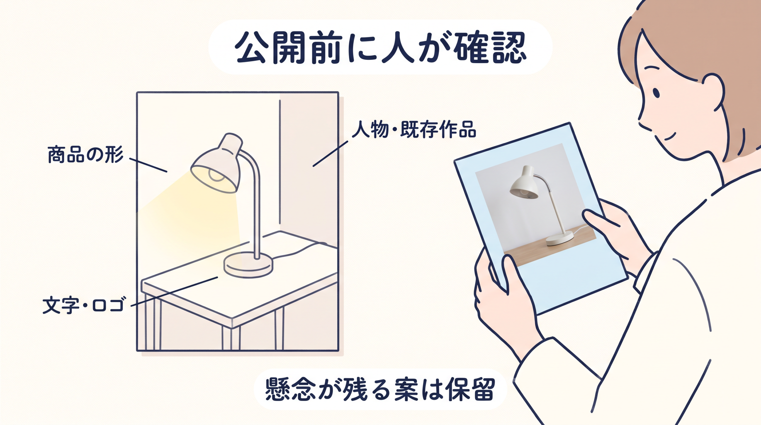 卓上ライトの広告案の商品の形、文字やロゴ、人物や既存作品を人が確認する図