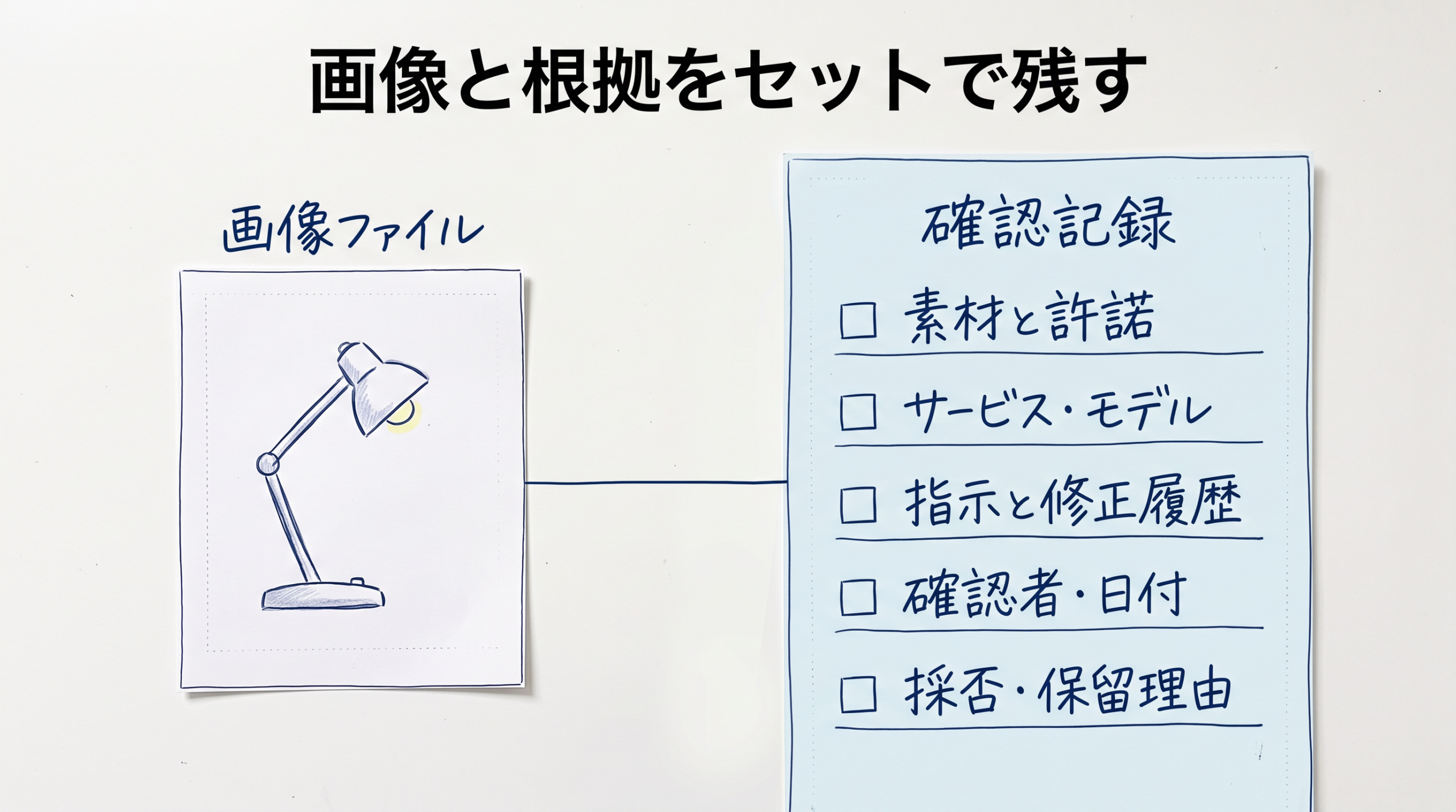 卓上ライトの画像と素材、モデル、生成履歴、確認者、採否の記録を対応させる図