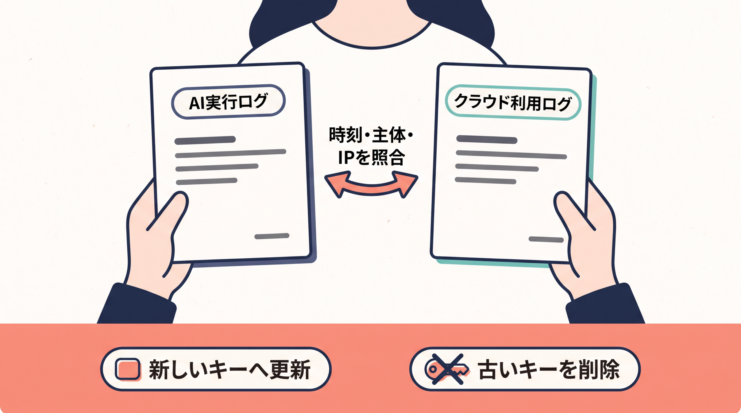 AI実行ログとクラウド利用ログを照合し、疑わしいキーを更新・失効させる。