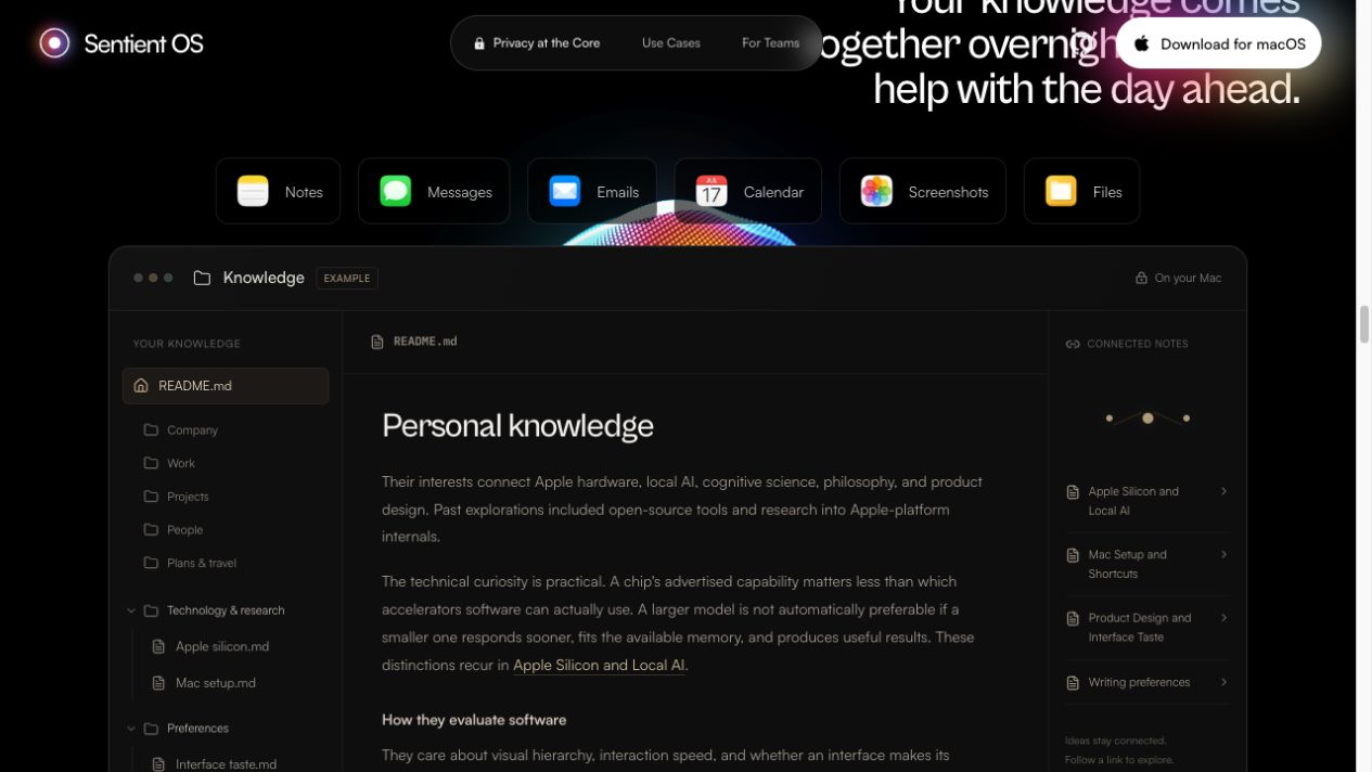 Sentient OS公式サイトのKnowledgeの説明例。EXAMPLE、README.md、用途別のMarkdownファイルと関連ノートが見える