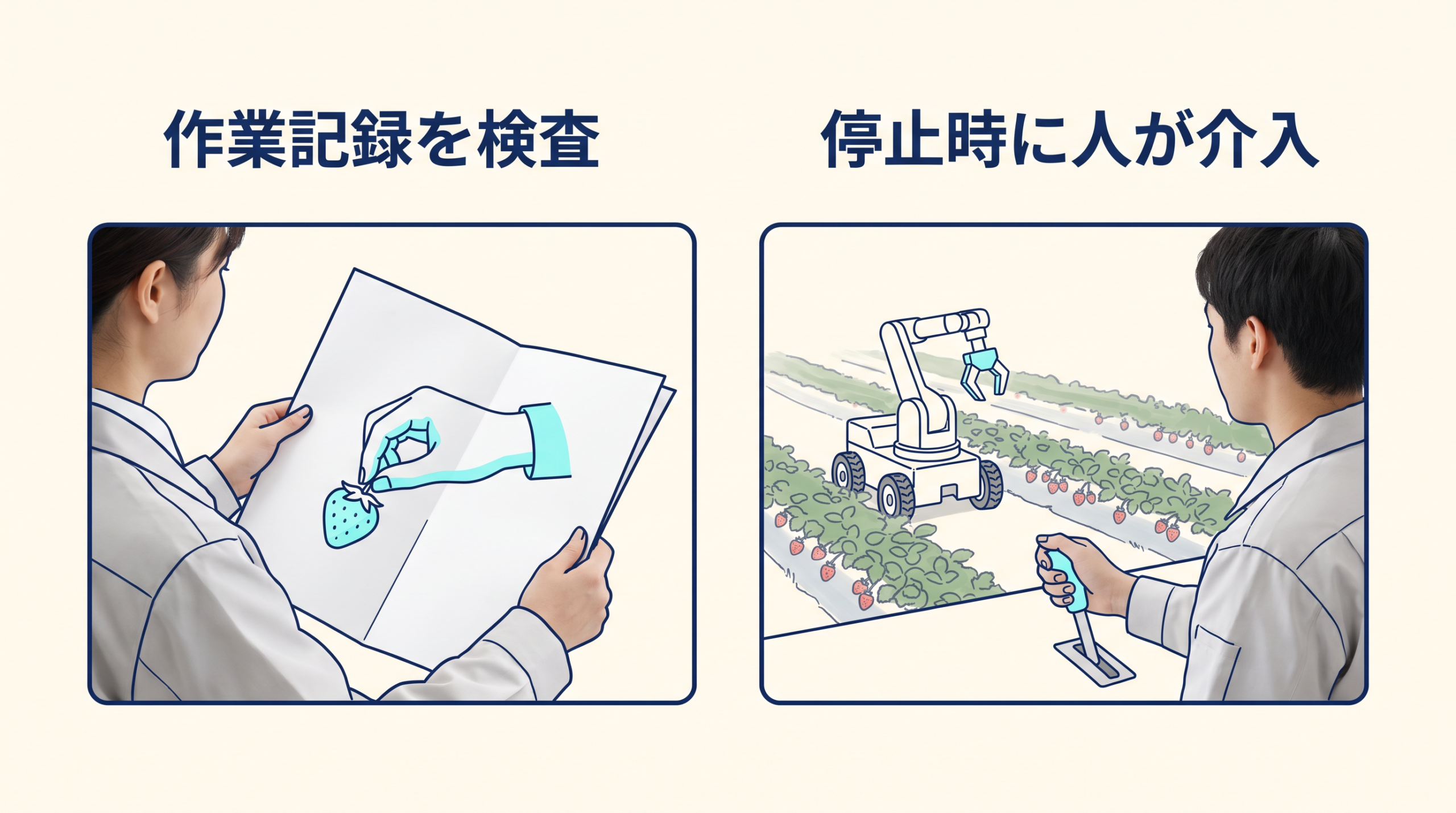作業記録を検査する担当と、停止した収穫ロボットへ遠隔介入する担当
