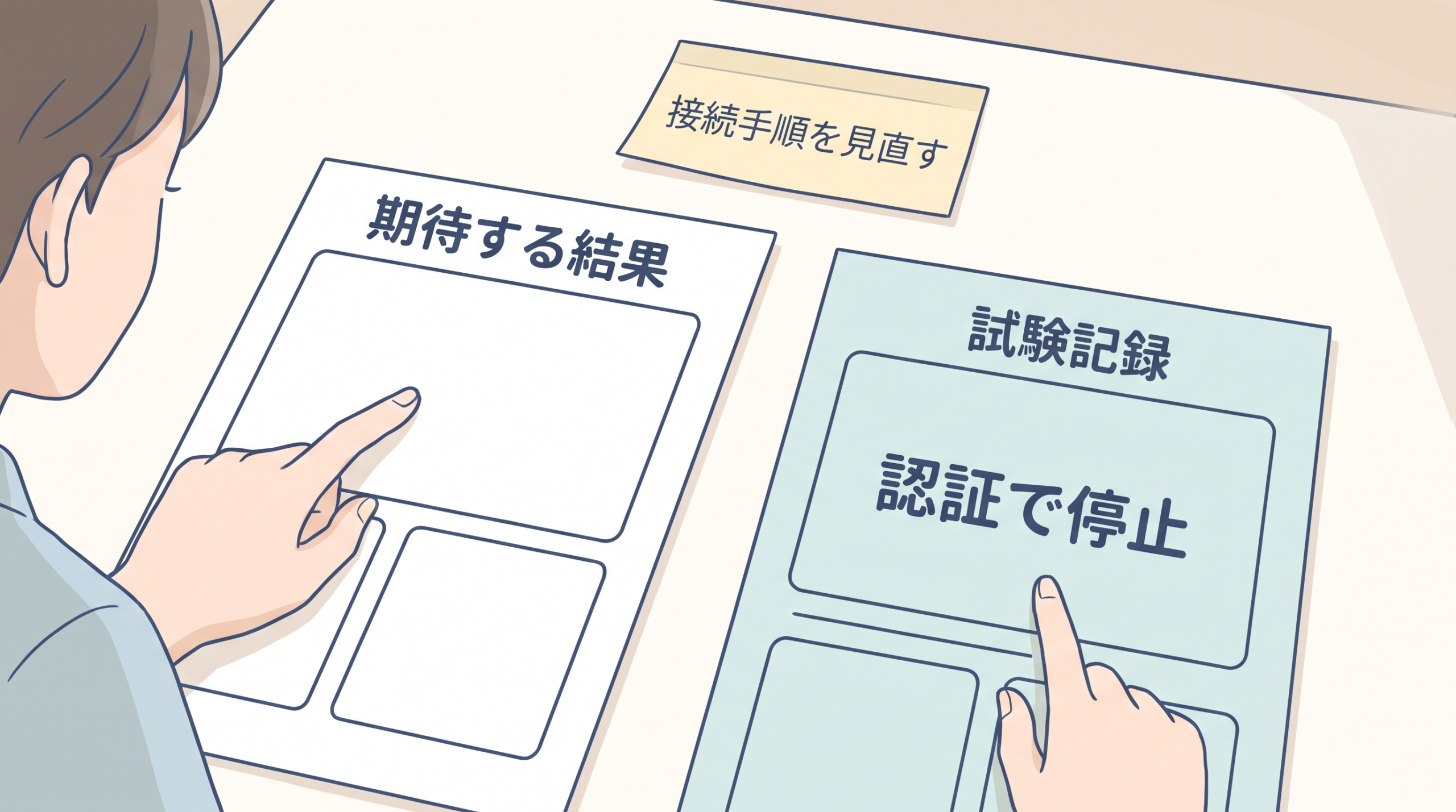 期待する結果と認証で停止した試験記録を照合し、接続手順を見直す場面