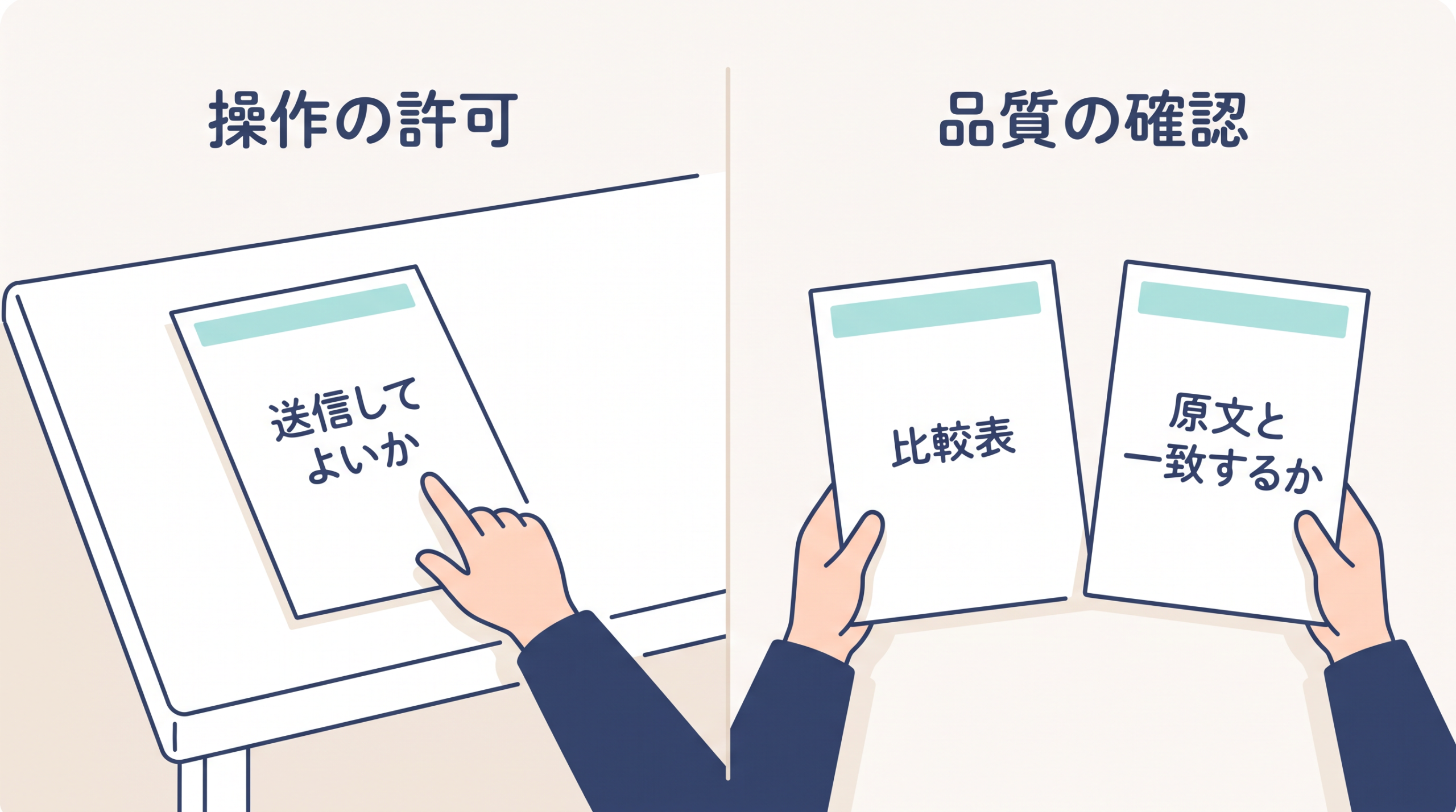 送信してよいかという操作許可と、比較表が原文に合うかという品質確認の違い