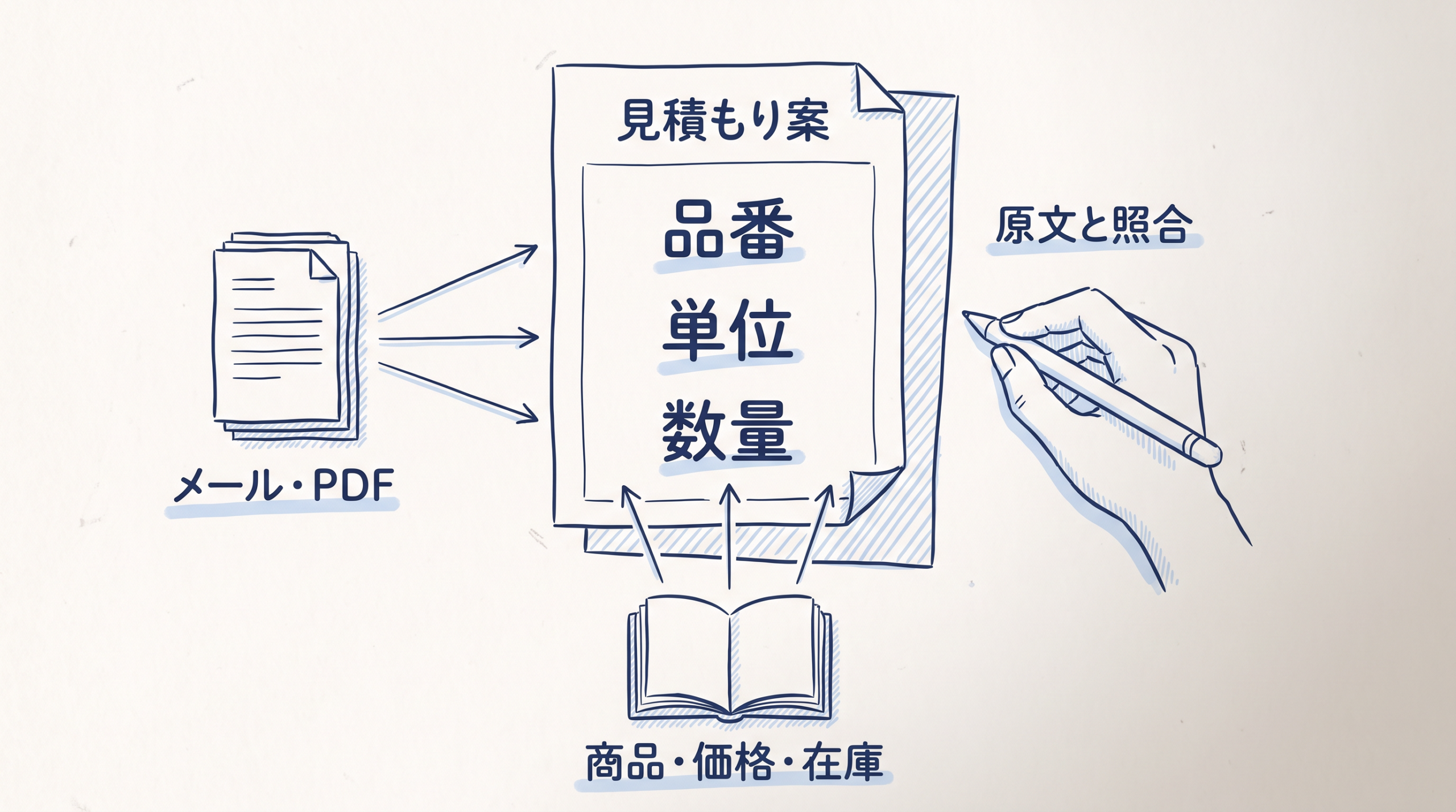 依頼メールと商品マスターから見積もり案を作り原文と照合する関係